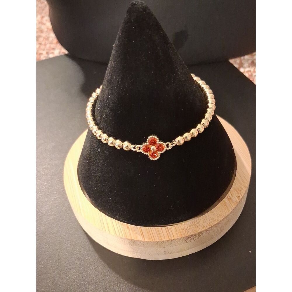 Gold Plated Red Beaded Clover  Adjustable Bracelet New